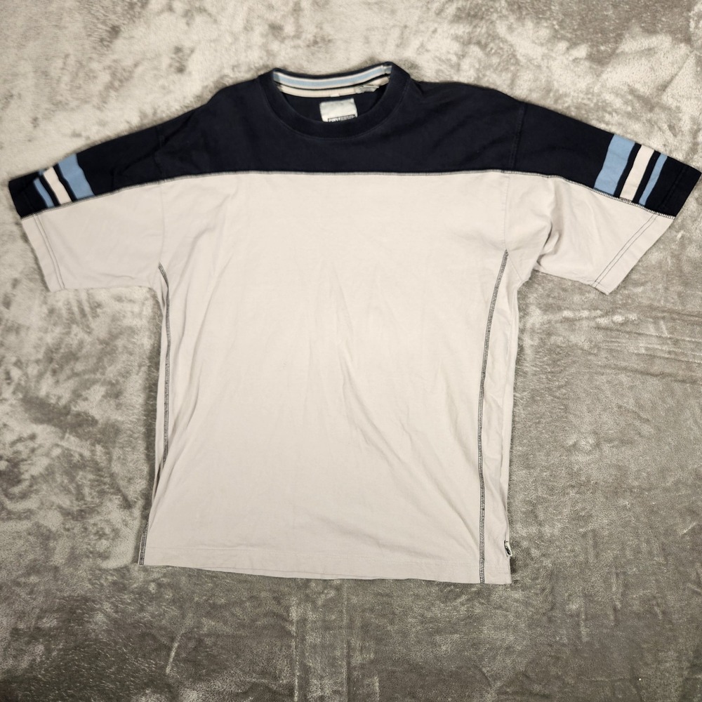 Point Zero T-Shirt Mens XL Colorblock Navy Tan Striped Contrast Stitch EUC